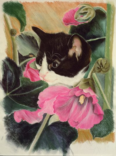 Kitten and Hollyhocks by Anne Robinson