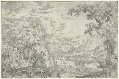 Mountain Landscape with Pollarded Tree (series title: Seven Landscapes) by Anonymous