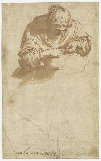 Woman Doing Handwork and Architectural Scribbles by Anonymous