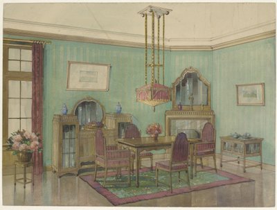 Interior of Dining Room with Corner Chimney by Anonymous