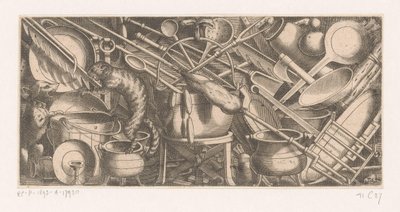 Kitchen Scene with Fighting Cat and Dog by Anonymous