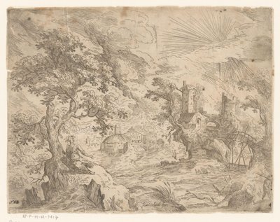 Landscape with River and Structure on Rock by Anonymous