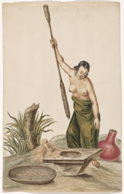 Woman with Rice Pounder, Rice Block, Sieve, and Jug by Anonymous