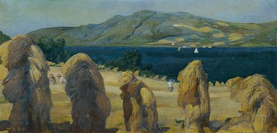 Attersee Landscape with Grain Stacks by Anton Josef von Kenner