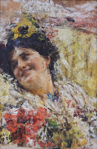 Head of a Woman and Flowers by Antonio Mancini