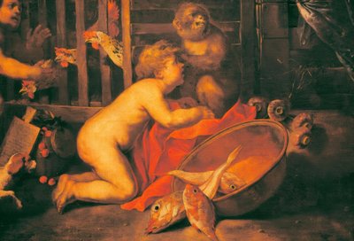 Putti, Monkey, and Bowl with Fish by Antonio Maria Vassallo