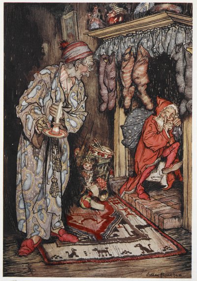 Father Christmas delivering presents on Christmas Eve by Arthur Rackham