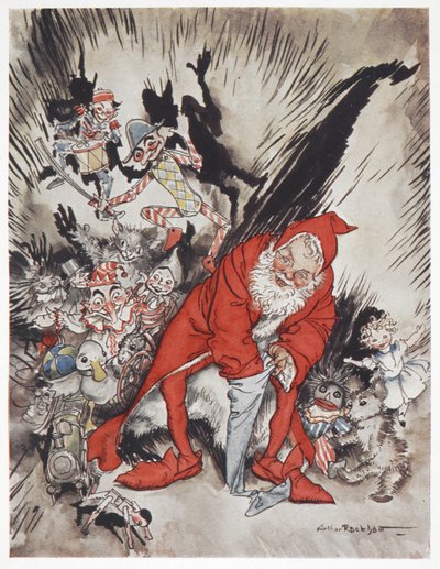 Father Christmas surrounded by gifts by Arthur Rackham