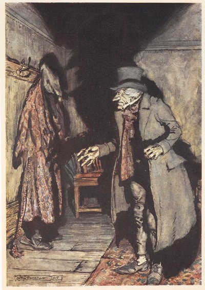 Scrooge in his house at night by Arthur Rackham