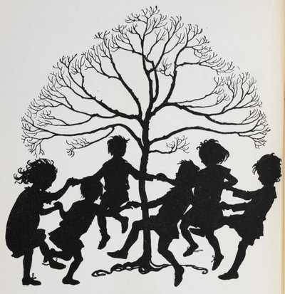 Silhouette of children dancing around a tree by Arthur Rackham