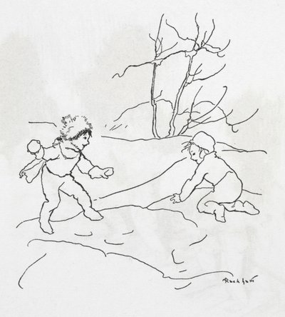 Two children having a snowball fight by Arthur Rackham