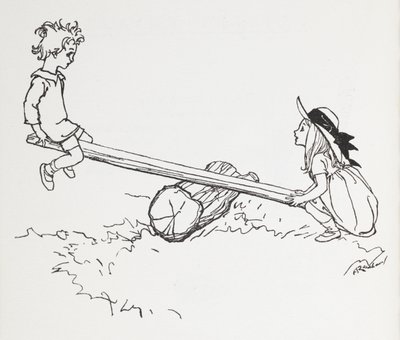 Two children on a see saw by Arthur Rackham