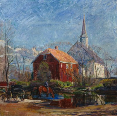 Church and red house, Rygge Church by August Eiebakke