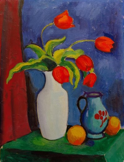 Red Tulips in White Vase by August Macke