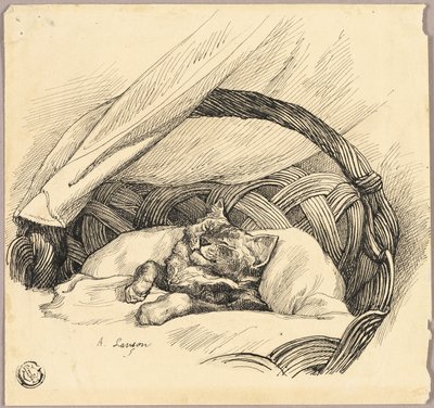 Cat Asleep in Basket by Auguste Andre Lancon