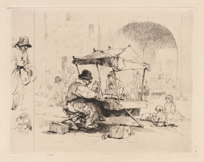 Merchant in his Stall with Children Playing by Auguste Brouet