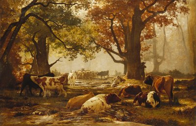 Cattle in a Wooded River Landscape by Auguste Francois Bonheur