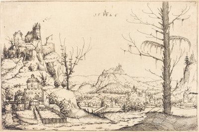 Landscape with High Cliffs, River, and City by Augustin Hirschvogel