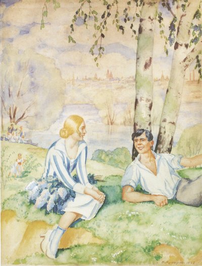 Spring on the riverbank by Boris Mikhailovich Kustodiev