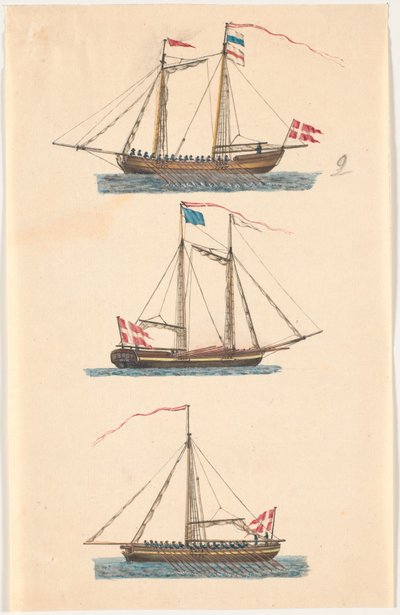 Three Warships with Danish Flags. Rowing by C.A. Lorentzen