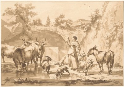 Spinning Shepherdess with Flock by C. Dietrich (prentmaker) (possibly)