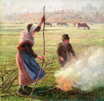 White Frost, woman breaking wood by Camille Jacob Pissarro