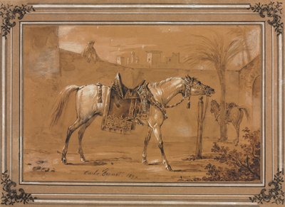 Saddled Arabian Horse in Courtyard by Carle Vernet