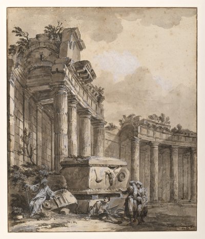 Figures near a Ruined Colonnade by Charles Louis Clerisseau