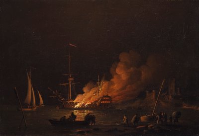Ship on Fire at Night by Charles Brooking