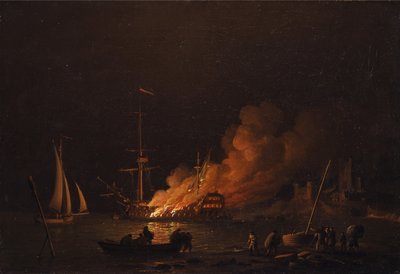 Ship on Fire at Night by Charles Brooking