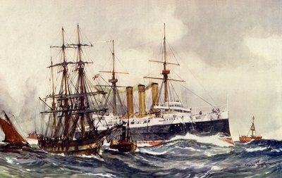 HMS Kent Passing South Sand Lightship by Charles Edward Dixon