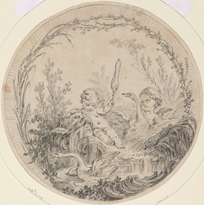Two Putti Playing with Swans by Charles Eisen