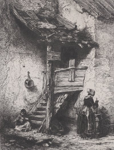 Stairs and Woman Churning, 1845 by Charles Emile Jacque