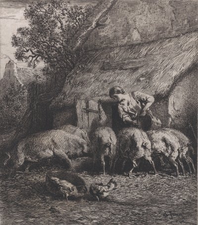 Woman Feeding Pigs, 1850 by Charles Emile Jacque