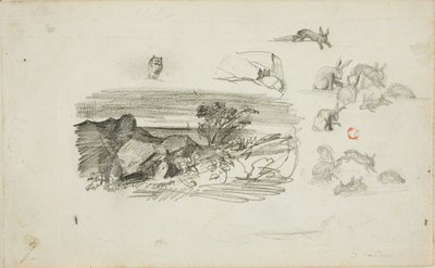 Sketches: Rocky Setting and Rabbits by Charles Francois Daubigny