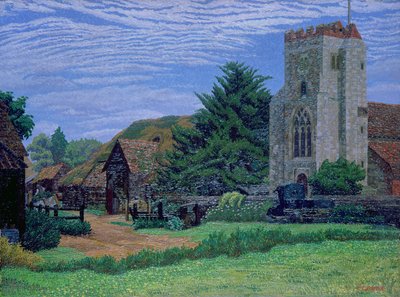 Church and Barn, Waltham St. Lawrence by Charles Ginner