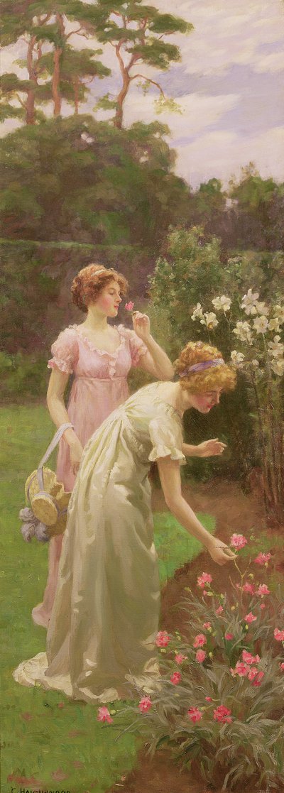Two Ladies Picking Flowers by Charles Haigh Wood