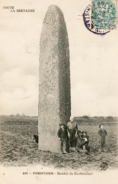 Old postcard, Menhir de Kerhouezel, Porspoder, Finistere, Brittany, France by Augustus Kollner