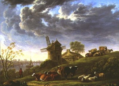 Sunlit Pastures by a Riverside Village by Charles Towne