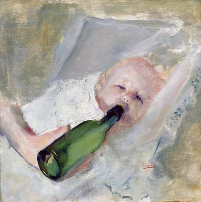 Baby with milk bottle by Christian Krohg