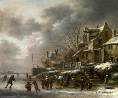 Winter Scene, River with Figures Skating by Claes Molenaer