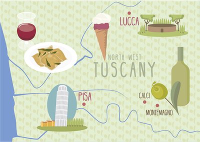Map of Lucca and Pisa, Tuscany, Italy by Claire Huntley