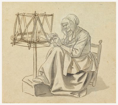 An Old Woman Spinning by Claude Louis Desrais
