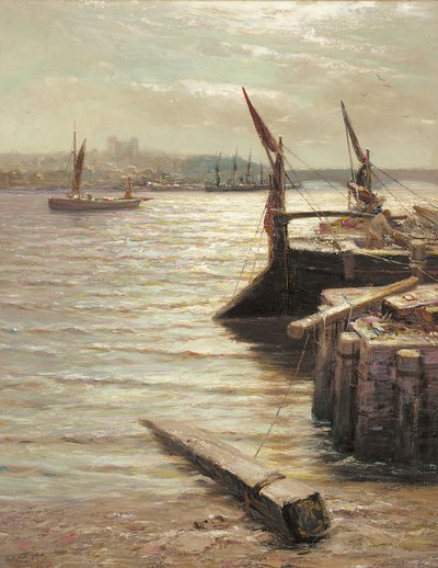 Barges Moored by the Riverbank by Colin Hunter