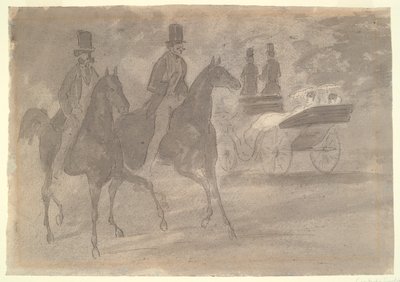 Horse-Drawn Carriages Riding in a Park by Constantin Guys