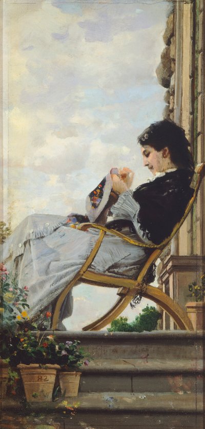 Woman Sewing on the Terrace by Cristiano Banti
