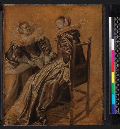 Two ladies seated at a table by Dirck Hals