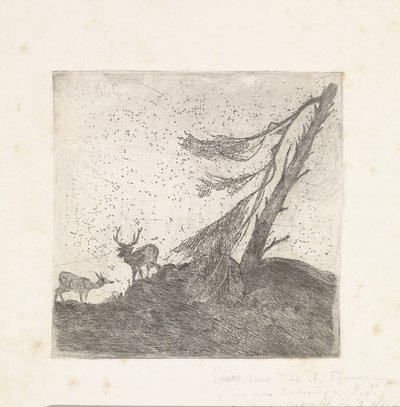 Two Deer by a Pine Tree by Dirk Arnoldus Tavenraat