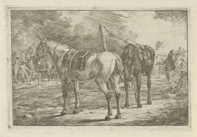 Two Saddled Horses at a Military Camp by Dirk Langendijk