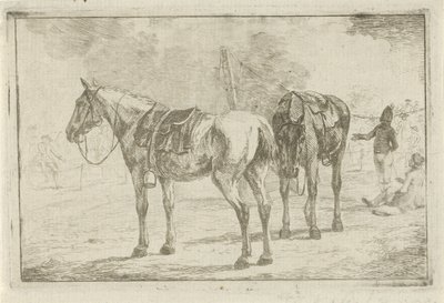 Two Saddled Horses by a Military Camp by Dirk Langendijk